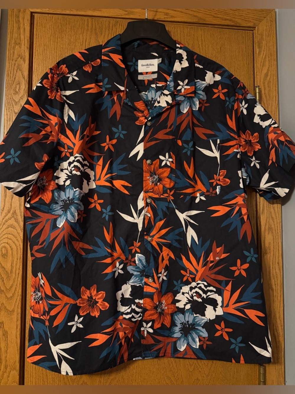 Goodfellow & Co Black Floral Button-Up with Orange and Teal Accents